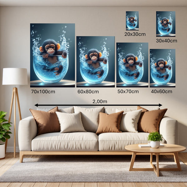 Groessenvergleich Poster Wandbilder Verspielter Schimpanse im Wasser Hochformat