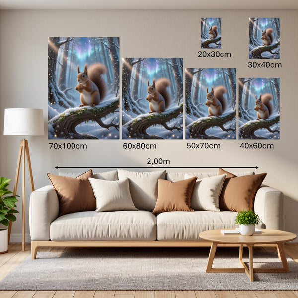 Groessenvergleich Poster Wandbilder Verspieltes Eichhörnchen im Winterwald Hochformat