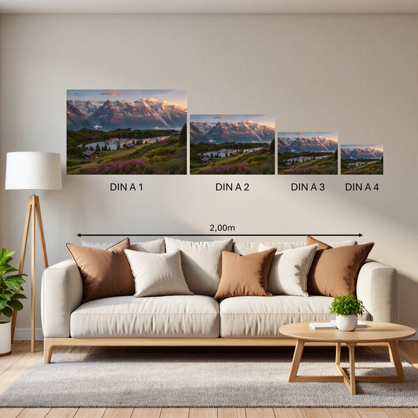 Groessenvergleich Poster in DIN A 1 2 3 4 Alpenlandschaft bei Sonnenuntergang Querformat