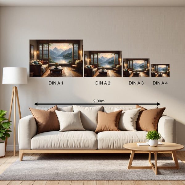 Groessenvergleich Poster in DIN A 1 2 3 4 Bergblick im Wohnzimmer Querformat