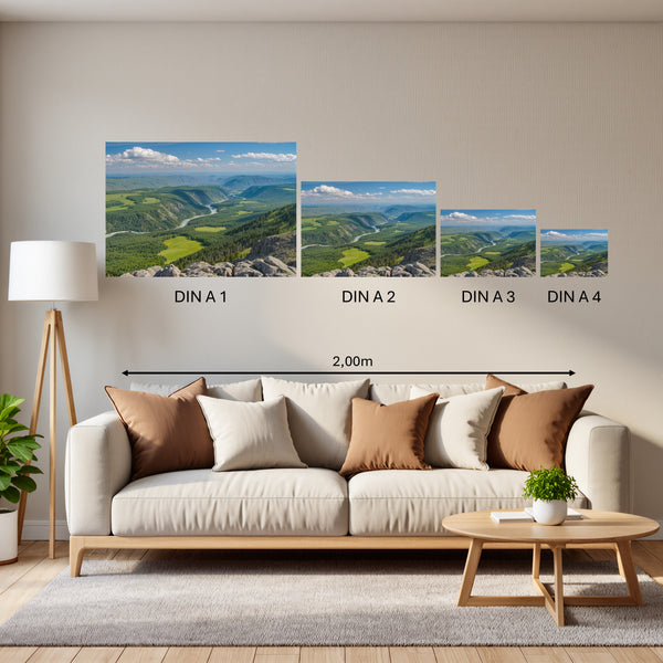 Groessenvergleich Poster in DIN A 1 2 3 4 Berglandschaft im Sommer Querformat