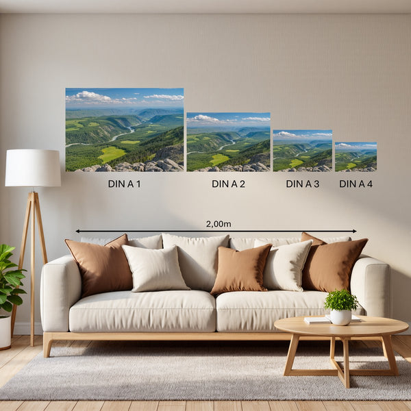 Groessenvergleich Poster in DIN A 1 2 3 4 Berglandschaft im Sommer Querformat