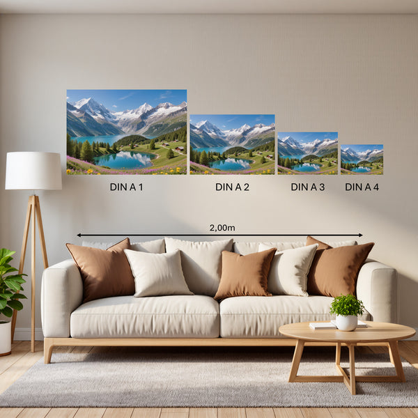 Groessenvergleich Poster in DIN A 1 2 3 4 Berglandschaft mit See Querformat