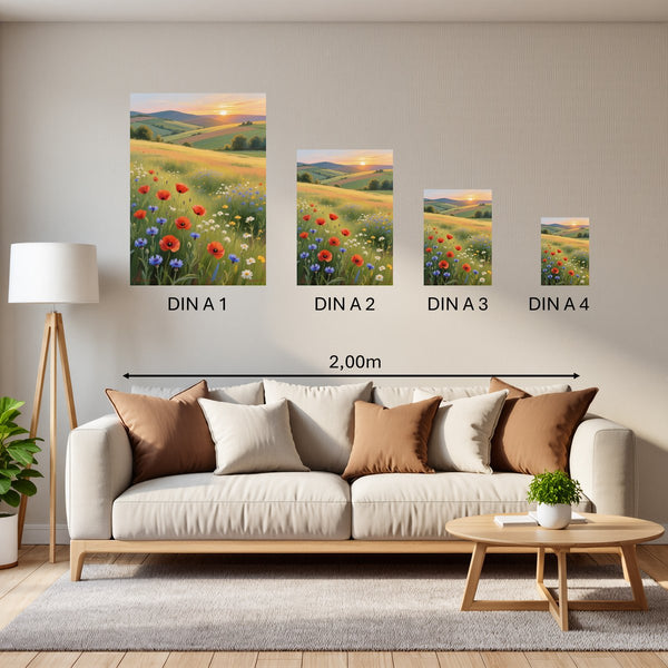 Groessenvergleich Poster in DIN A 1 2 3 4 Blühende Wiesen im Sonnenuntergang Hochformat