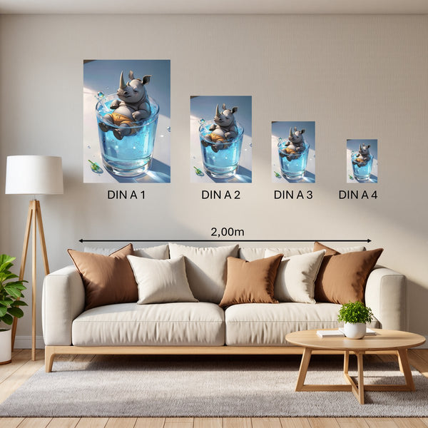 Groessenvergleich Poster in DIN A 1 2 3 4 Entspanntes Nashorn im Glas Hochformat