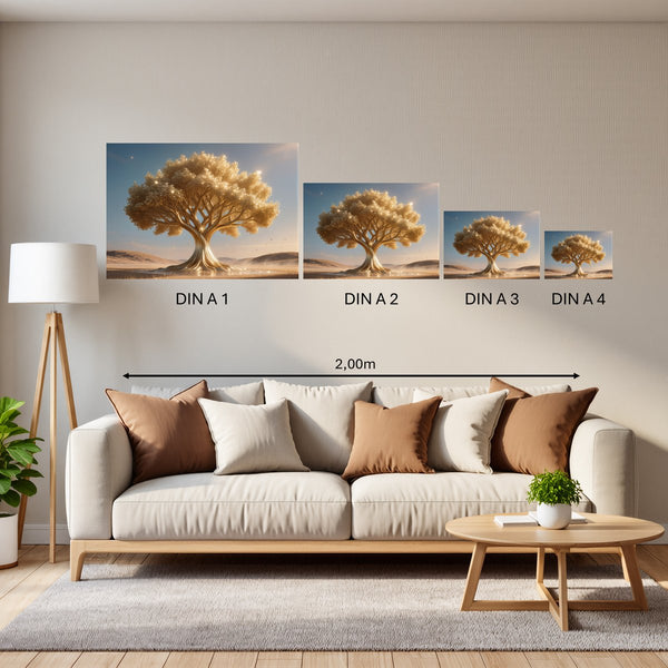 Groessenvergleich Poster in DIN A 1 2 3 4 Goldener Baum in der Natur Querformat