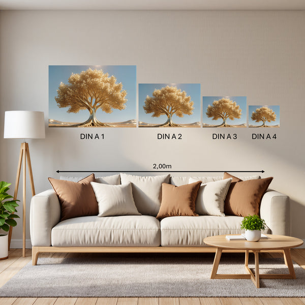 Groessenvergleich Poster in DIN A 1 2 3 4 Goldener Baum unter blauem Himmel Querformat