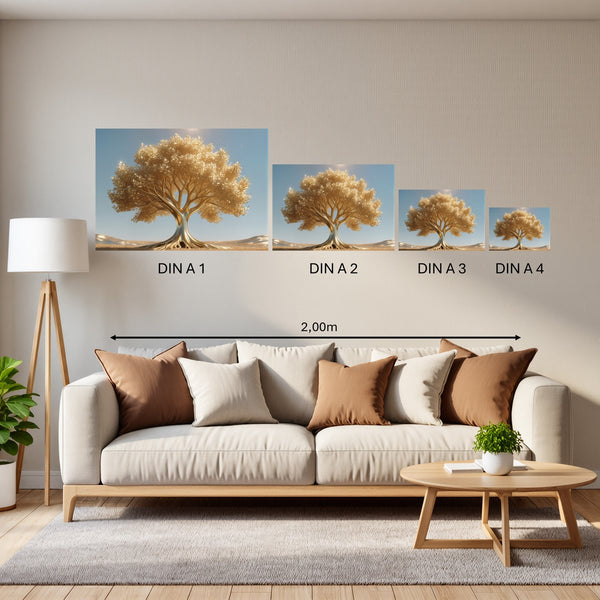Groessenvergleich Poster in DIN A 1 2 3 4 Goldener Baum unter blauem Himmel Querformat
