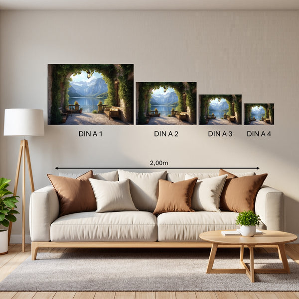 Groessenvergleich Poster in DIN A 1 2 3 4 Idyllische Berglandschaft Querformat