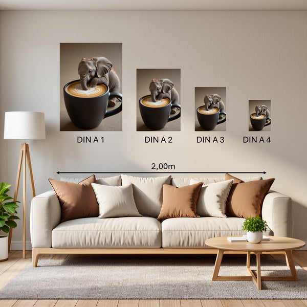 Groessenvergleich Poster in DIN A 1 2 3 4 Kaffeegenuss mit Elefant Hochformat