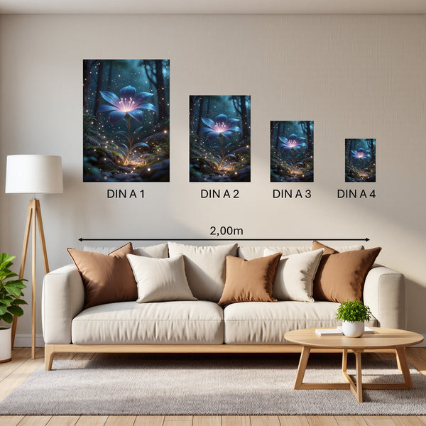 Groessenvergleich Poster in DIN A 1 2 3 4 Leuchtende Blüte im Wald Hochformat