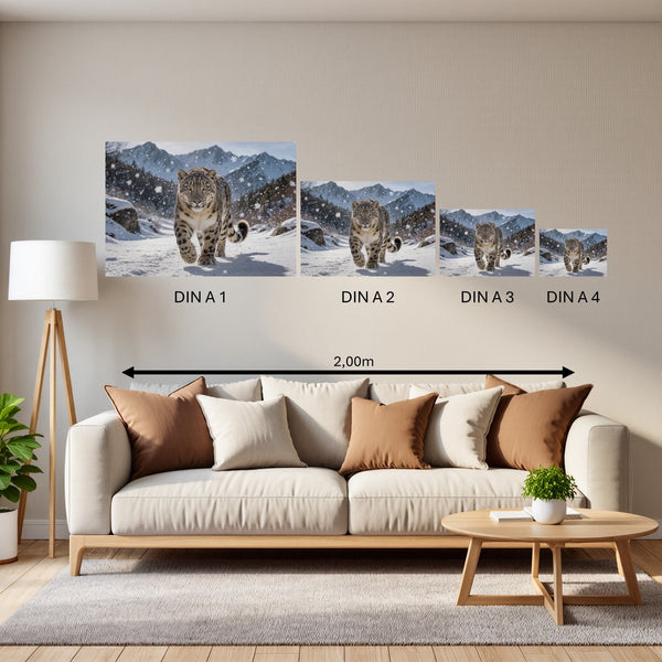 Groessenvergleich Poster in DIN A 1 2 3 4 Schneeleopard im Winterwunderland Querformat