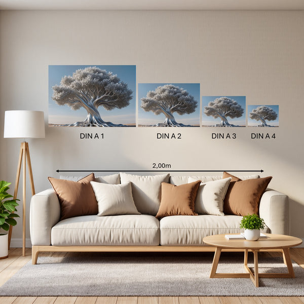 Groessenvergleich Poster in DIN A 1 2 3 4 Silberner Baum Querformat