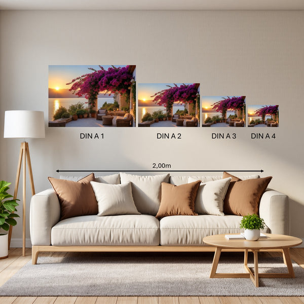 Groessenvergleich Poster in DIN A 1 2 3 4 Sonnenuntergang mit Bougainvillea Querformat