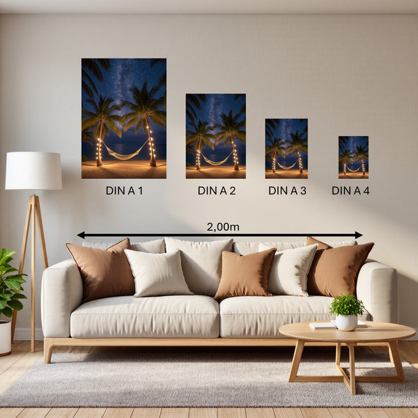 Groessenvergleich Poster in DIN A 1 2 3 4 Sternenhimmel über der Hängematte Hochformat