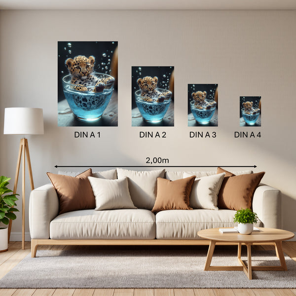 Groessenvergleich Poster in DIN A 1 2 3 4 Verspielt und Niedlich Leopardenjunges im Glas Hochformat