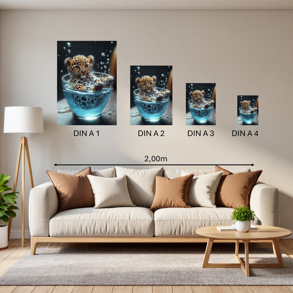 Groessenvergleich Poster in DIN A 1 2 3 4 Verspielt und Niedlich Leopardenjunges im Glas Hochformat