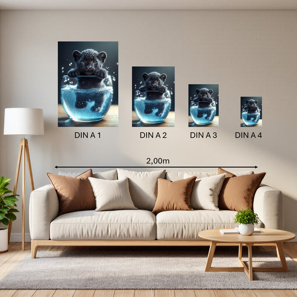 Groessenvergleich Poster in DIN A 1 2 3 4 Verspielter Panther im Wasser Hochformat