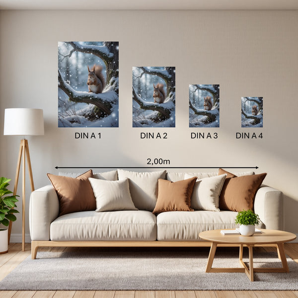 Groessenvergleich Poster in DIN A 1 2 3 4 Winterliche Eichhörnchenfreude Hochformat