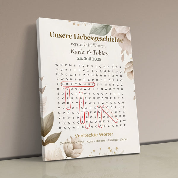 Leinwand ohne Rahmen an Wand angelehnt Eure Love Story als Wortsuchbild Hochformat