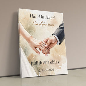 Leinwand ohne Rahmen an Wand angelehnt Hand in Hand Hochformat