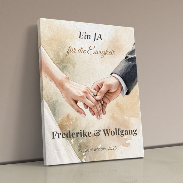 Hand in Hand - personalisiertes Hochzeitsbild auf Leinwand