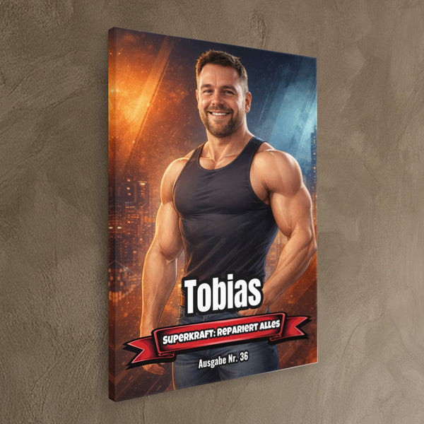Leinwand ohne Rahmen schraeg auf Wand Dein Foto als Comic-Held Hochformat