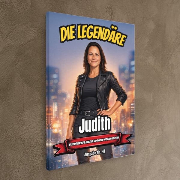 Leinwand ohne Rahmen schraeg auf Wand Dein Foto als Comic-Heldin Hochformat