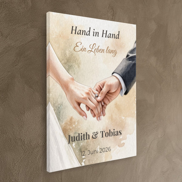 Leinwand ohne Rahmen schraeg auf Wand Hand in Hand Hochformat