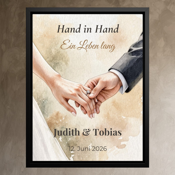 Leinwand schwarzer Rahmen auf Wand Hand in Hand Hochformat