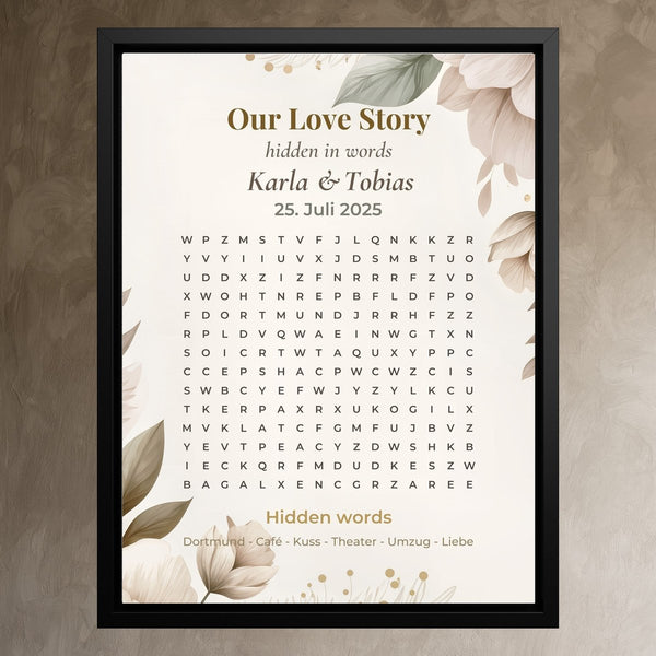 Eure Love Story als Wortsuche - personalisiertes Wandbild auf Leinwand