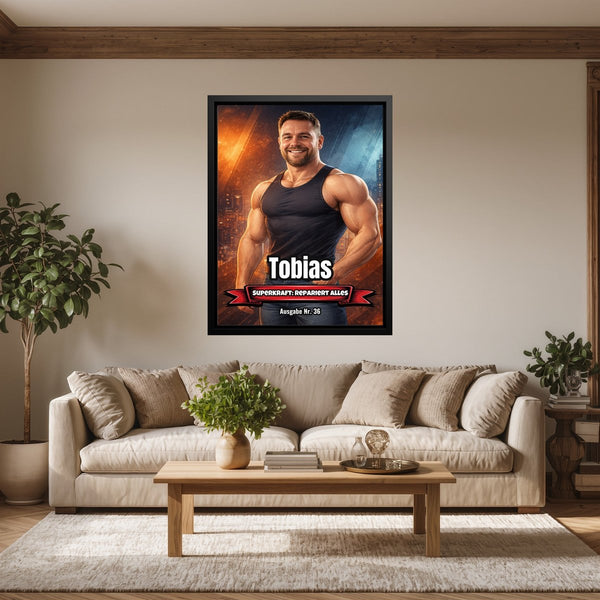 Leinwand schwarzer Rahmen im Wohnzimmer Dein Foto als Comic-Held Hochformat