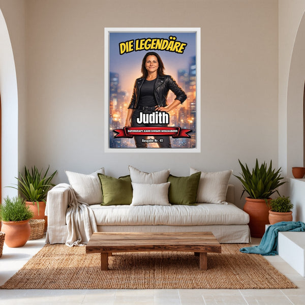 Leinwand weisser Rahmen im Wohnzimmer Dein Foto als Comic-Heldin Hochformat