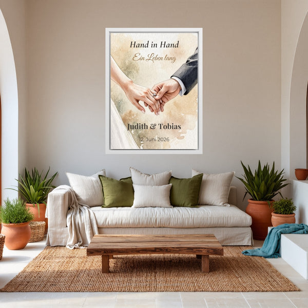 Leinwand weisser Rahmen im Wohnzimmer Hand in Hand Hochformat