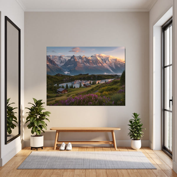 Leinwandbild Alpenlandschaft bei Sonnenuntergang fuer Flur und Eingang dunkelanthrazit Querformat