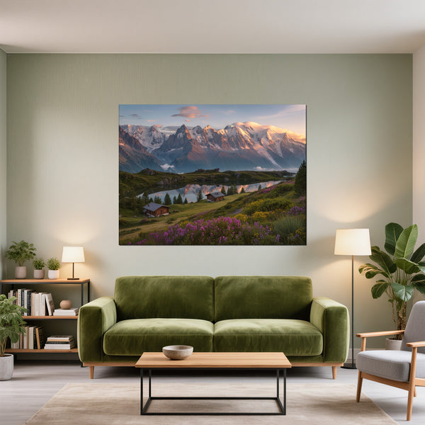 Leinwandbild Alpenlandschaft bei Sonnenuntergang fuer Wohnzimmer gruen Querformat