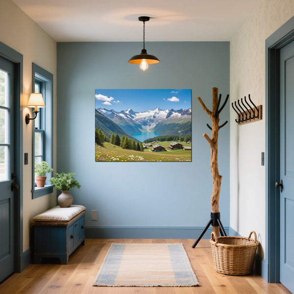Leinwandbild Alpenlandschaft mit blühenden Wiesen fuer Flur und Eingang blau Querformat
