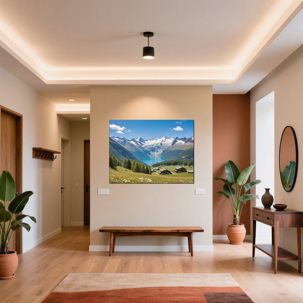 Leinwandbild Alpenlandschaft mit blühenden Wiesen fuer Flur und Eingang warmeFarben Querformat