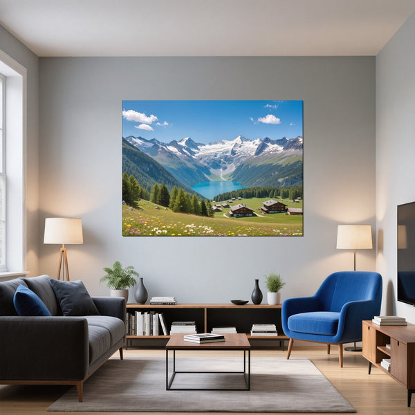 Leinwandbild Alpenlandschaft mit blühenden Wiesen fuer Wohnzimmer blau Querformat