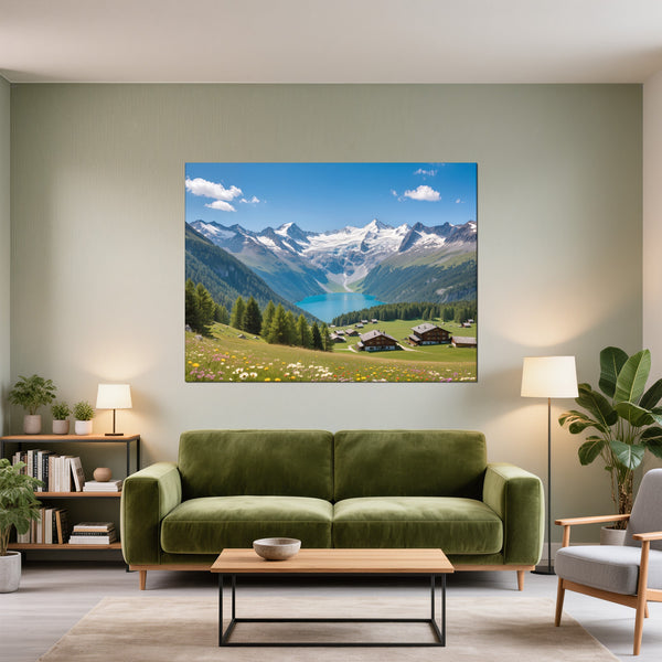 Leinwandbild Alpenlandschaft mit blühenden Wiesen fuer Wohnzimmer gruen Querformat