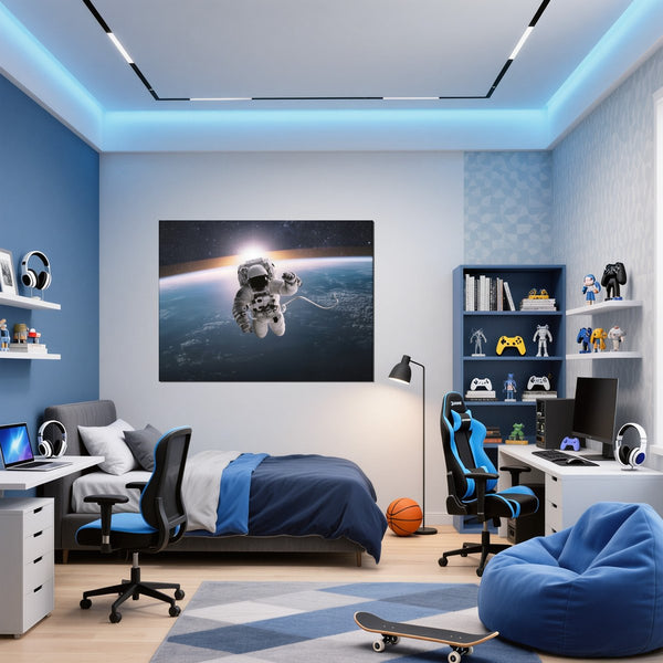 Leinwandbild Astronaut im Weltall fuer Jugendzimmer blau Querformat