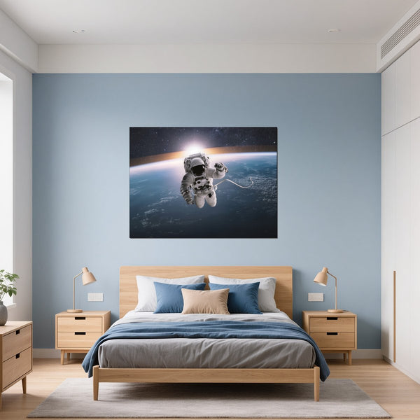 Leinwandbild Astronaut im Weltall fuer Schlafzimmer blau Querformat