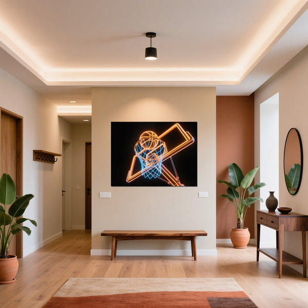 Leinwandbild Basketball im Neonlicht fuer Flur und Eingang warmeFarben Querformat