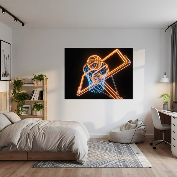 Leinwandbild Basketball im Neonlicht fuer Jugendzimmer grauoderbeige Querformat