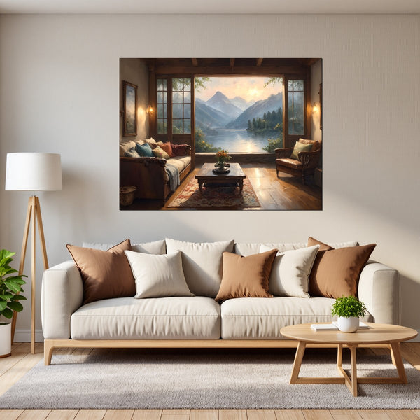 Leinwandbild Bergblick im Wohnzimmer fuer Wohnzimmer grauoderbeige Querformat