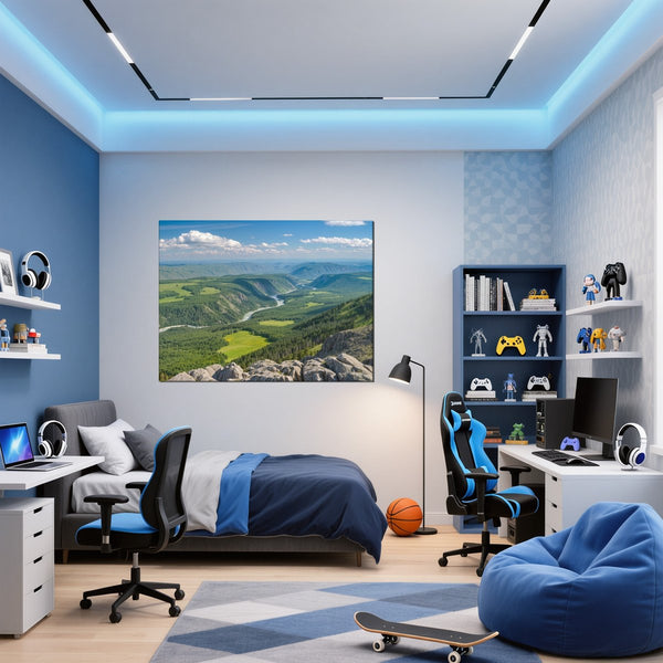 Leinwandbild Berglandschaft im Sommer fuer Jugendzimmer blau Querformat