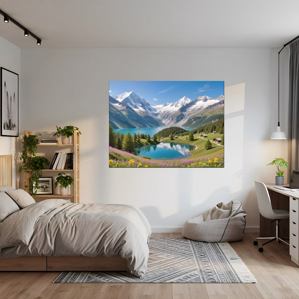 Leinwandbild Berglandschaft mit See fuer Jugendzimmer gruen Querformat