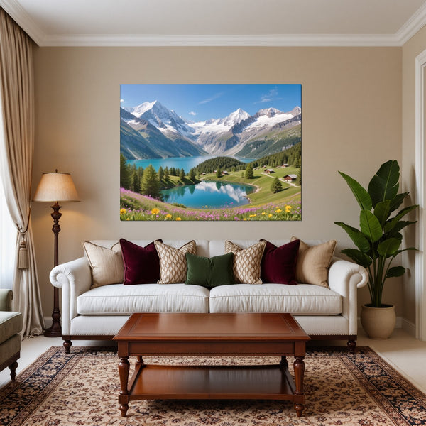 Leinwandbild Berglandschaft mit See fuer Wohnzimmer warmeFarben Querformat