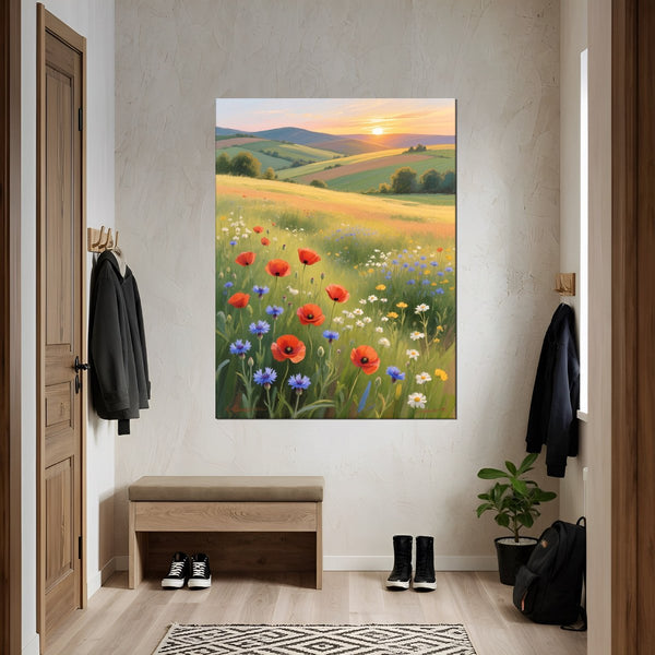 Leinwandbild Blühende Wiesen im Sonnenuntergang fuer Flur und Eingang grauoderbeige Hochformat