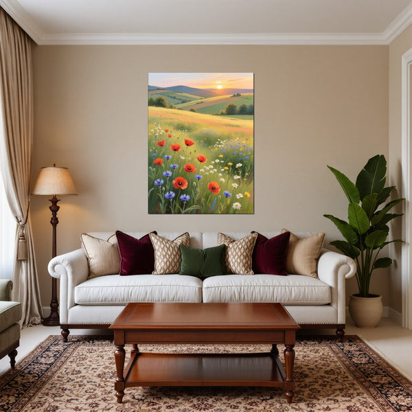 Leinwandbild Blühende Wiesen im Sonnenuntergang fuer Wohnzimmer warmeFarben Hochformat